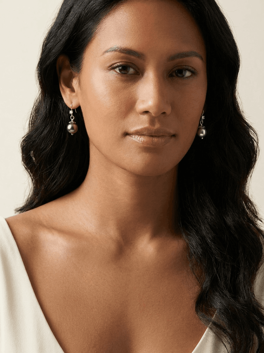 Silver Tahitian Pearl Earrings — on model