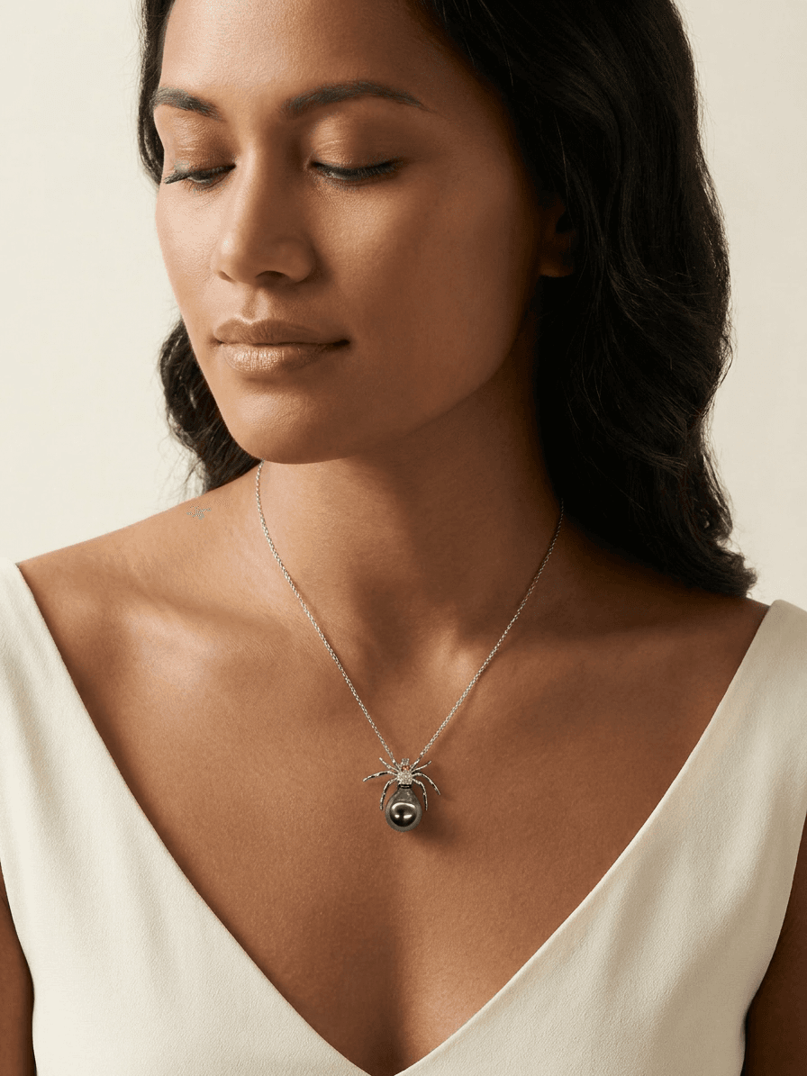 Silver Spider & Tahitian Pearl Pendant Necklace — on model