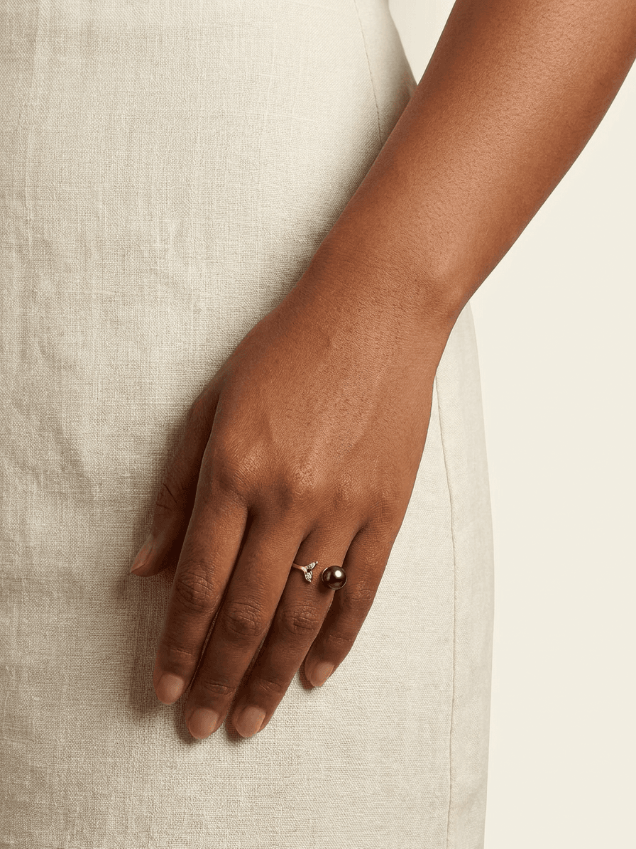 Tahitian Black Pearl & Whale Tail Ring — on model