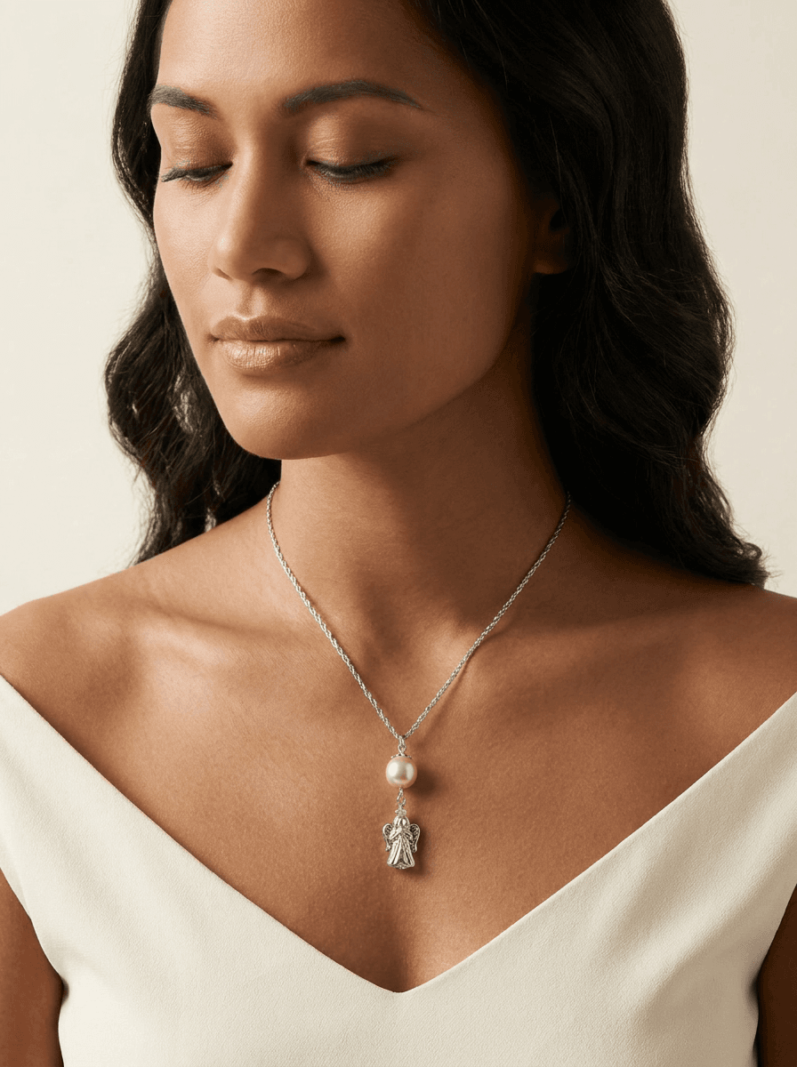 Tahitian Pearl & Angel Pendant Necklace — on model