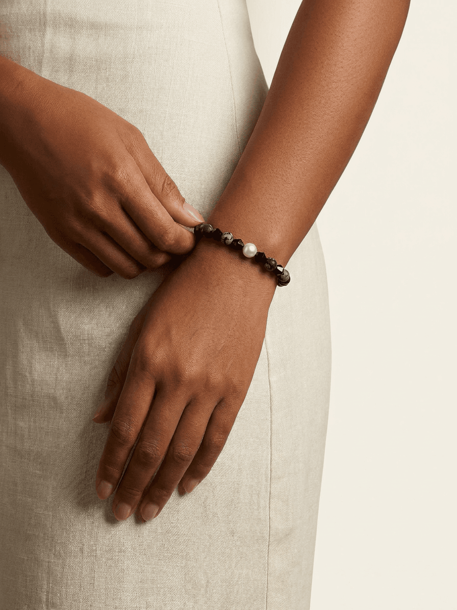 Freshwater Pearl, Gray Stone & Crystal Bracelet — on model