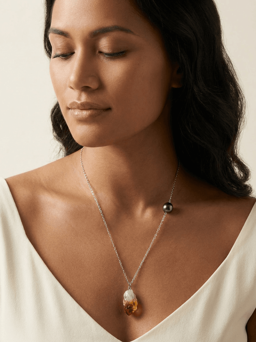 Tahitian Pearl & Crystal Necklace — on model