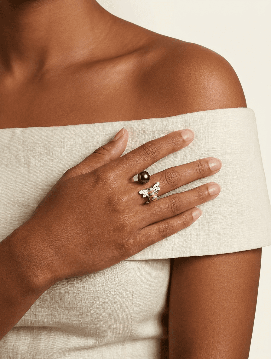 Bumble Bee & Tahitian Black Pearl Ring — on model