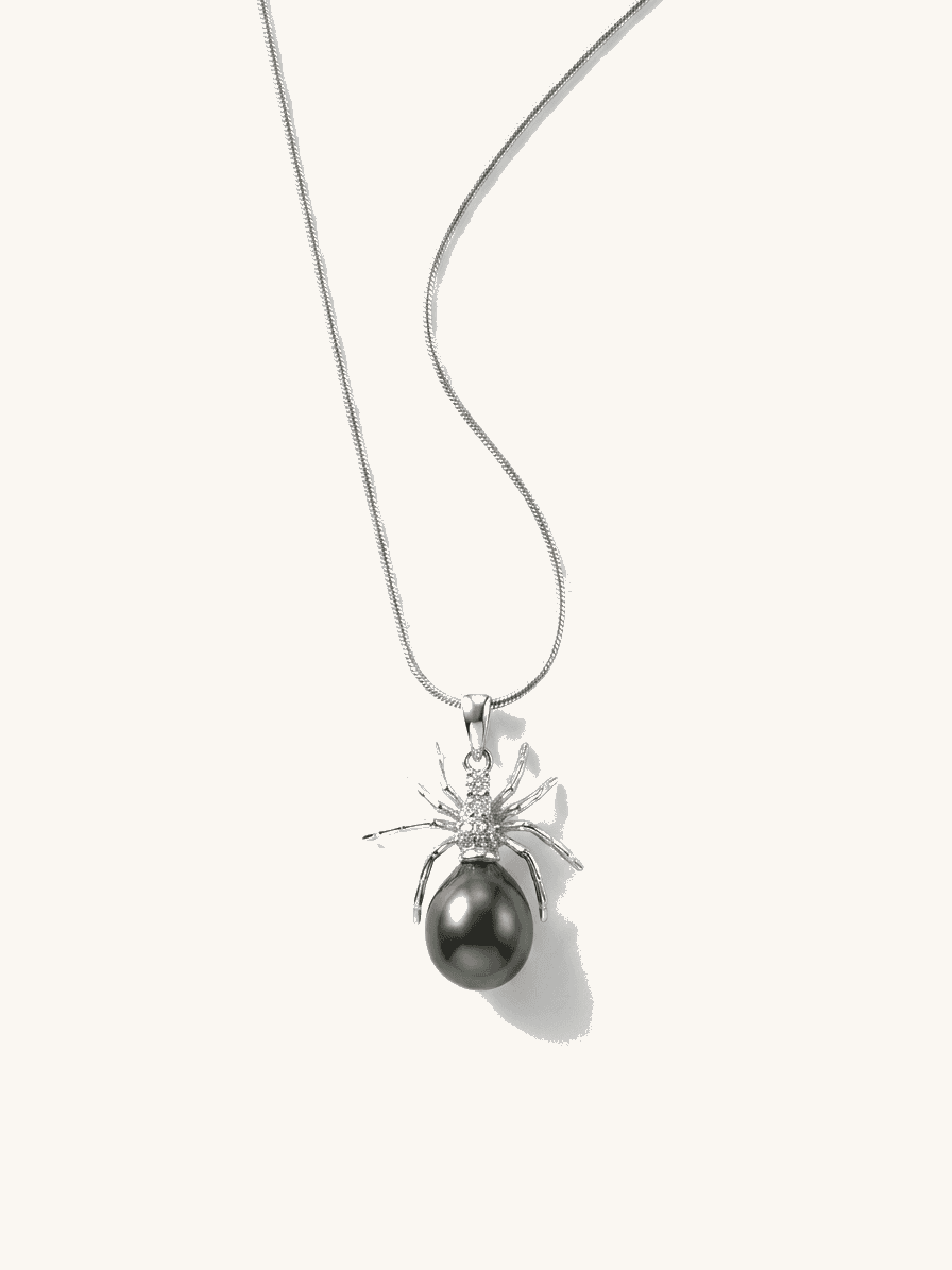 Silver Spider & Tahitian Pearl Pendant Necklace