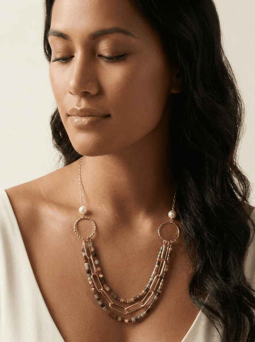 Freshwater Pearl & Crystal Necklace — on model