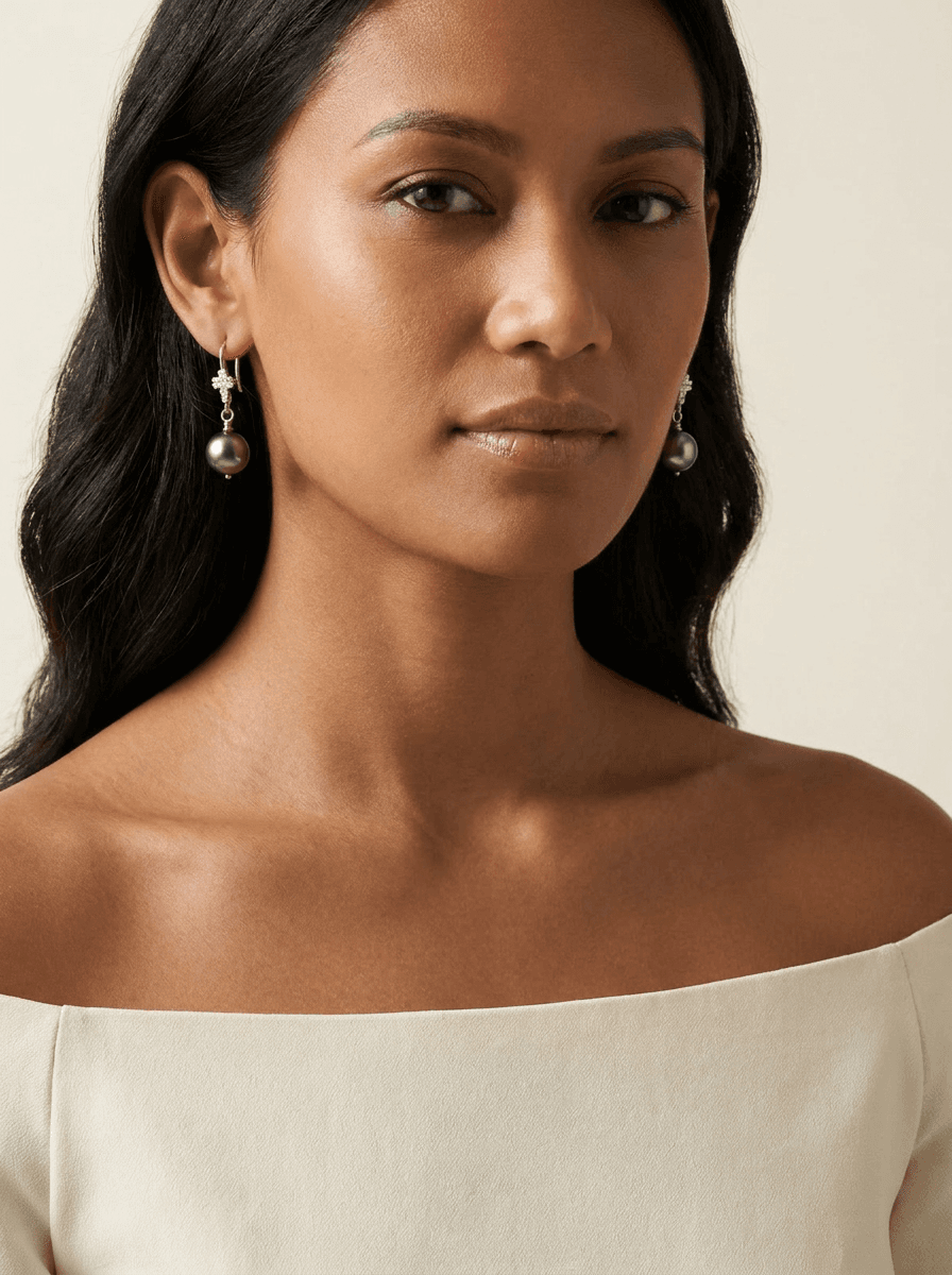Tahitian Black Pearl Earrings — on model