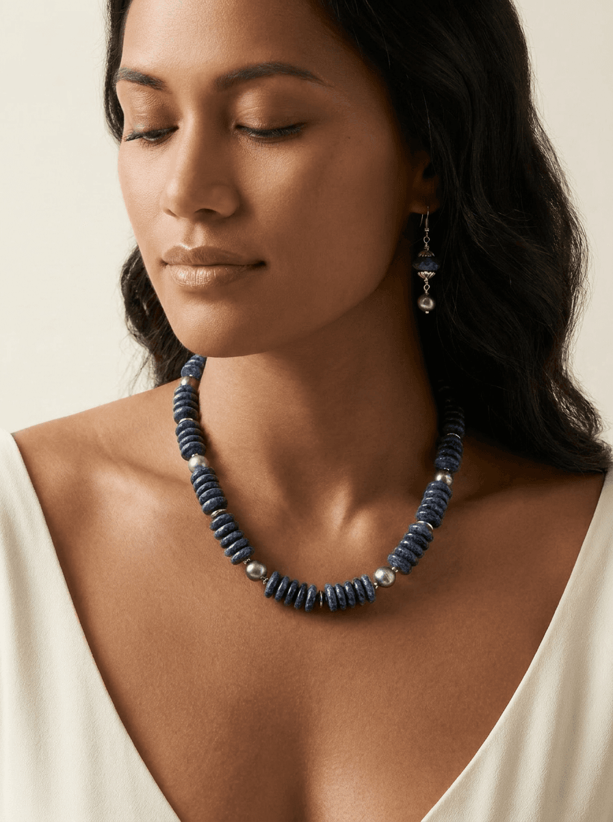 Tahitian Black Pearl & Blue Stone Jewelry Set — on model