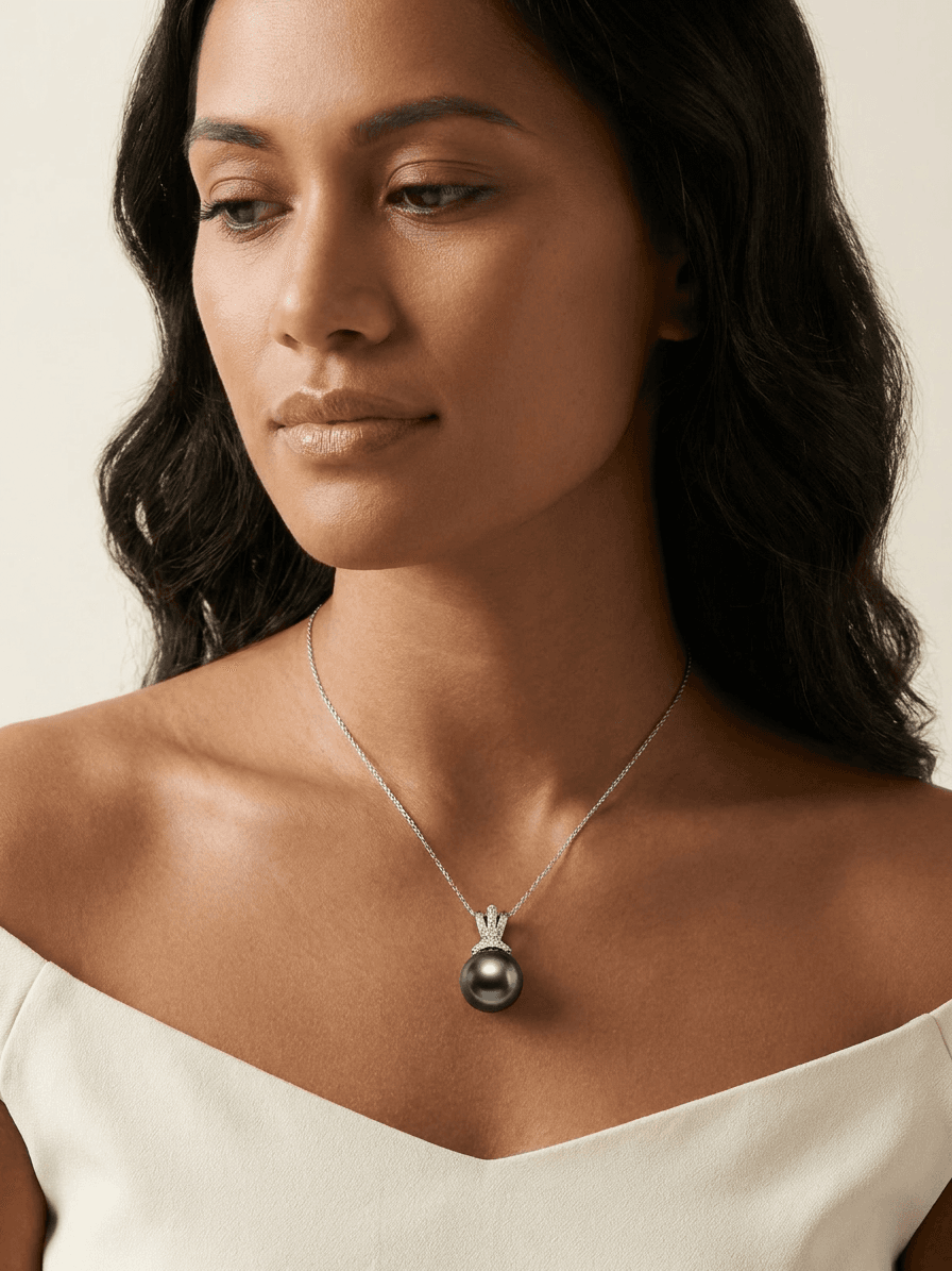 White Gold, Diamond & Tahitian Black Pearl Necklace — on model