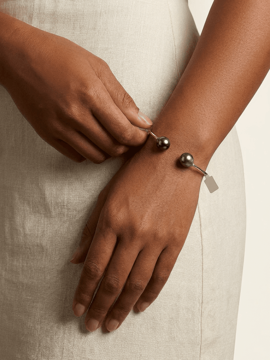 Silver Two Tahitian Pearl Cuff Bracelet — on model