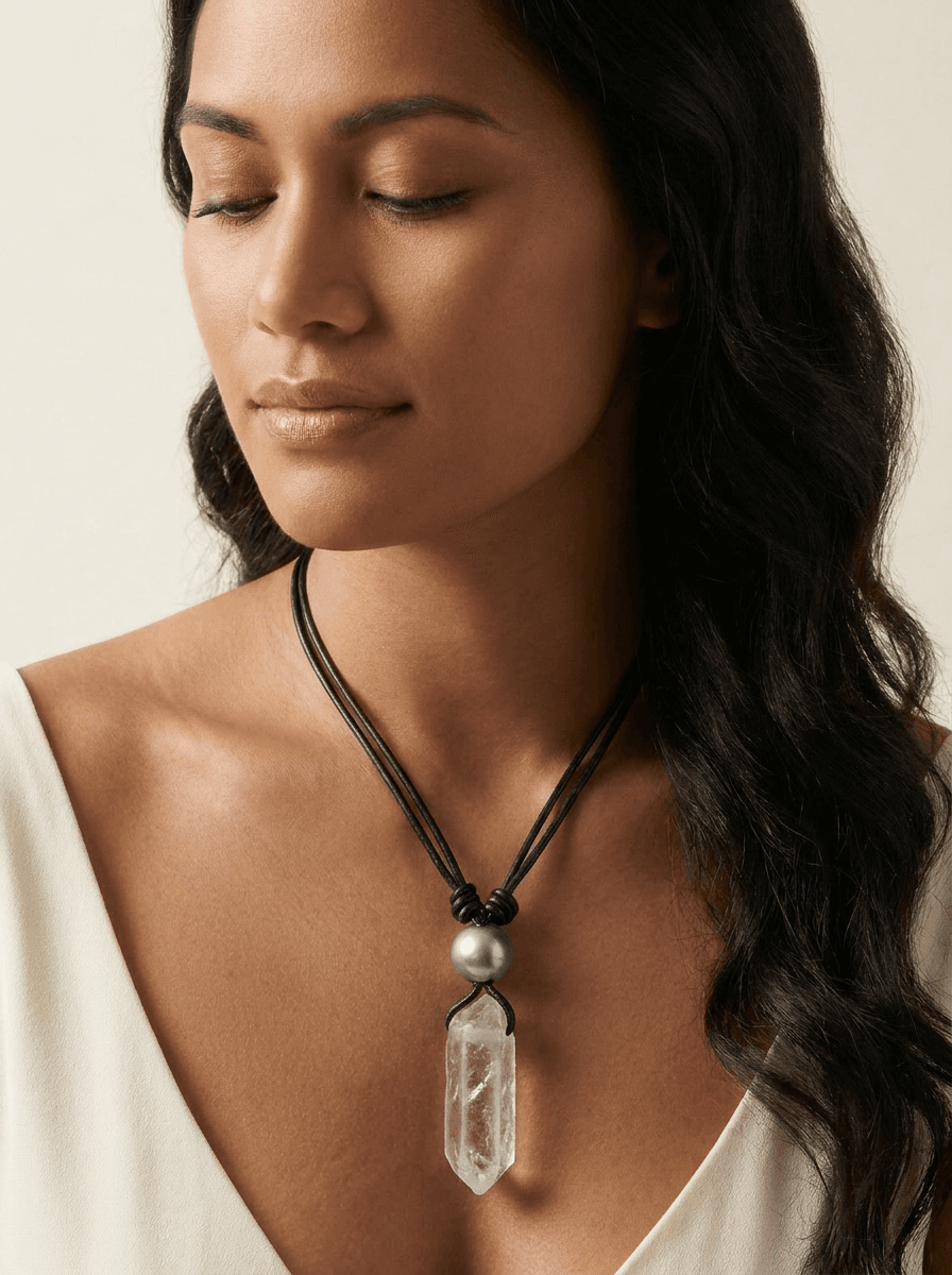 Tahitian Pearl & Crystal Necklace — on model