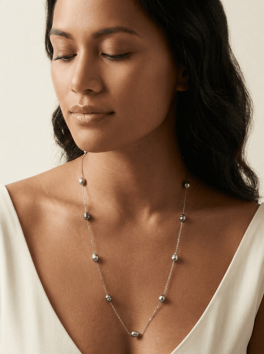 14 Tahitian Pearl Necklace with Back Clasp — on model