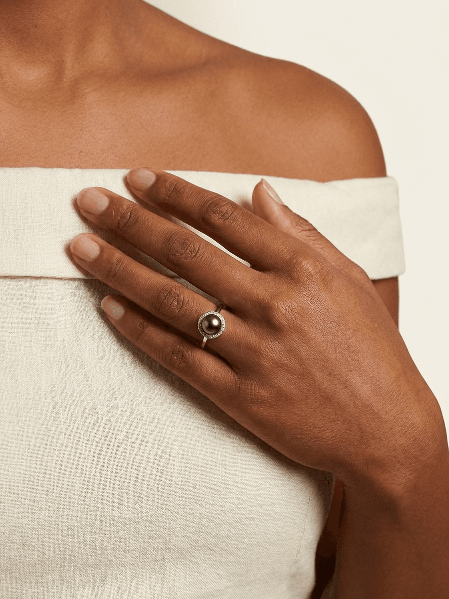 Silver Single Tahitian Pearl Ring — on model