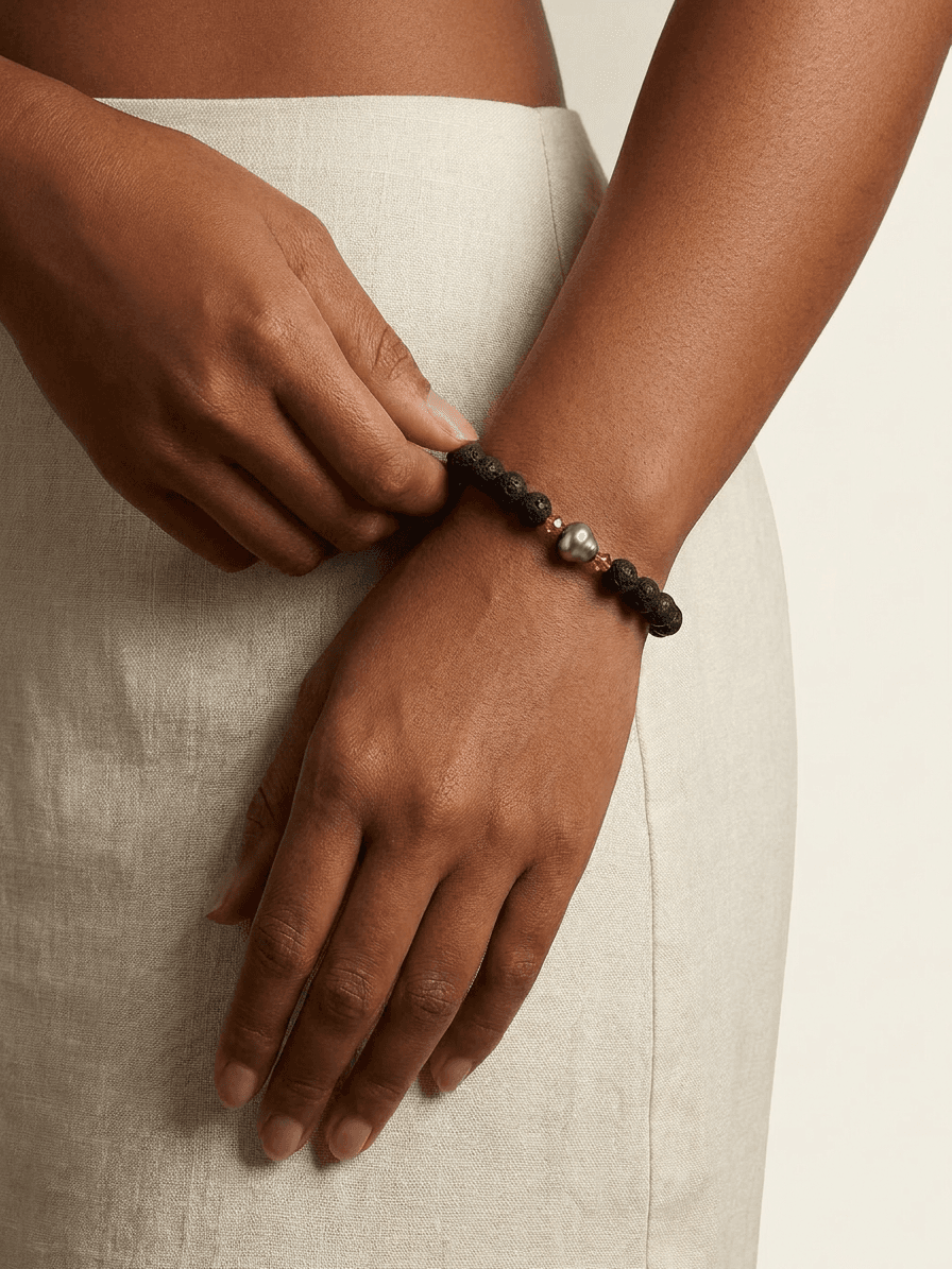 Single Tahitian Pearl & Black Stone Bracelet — on model