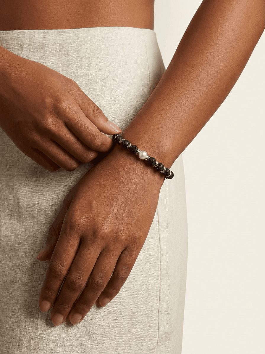 Silver Tahitian Pearl & Black Stone Bracelet — on model