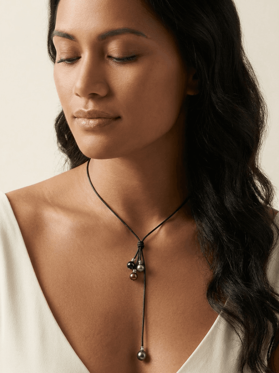 Multi-Color Tahitian Pearl Adjustable Leather Necklace — on model