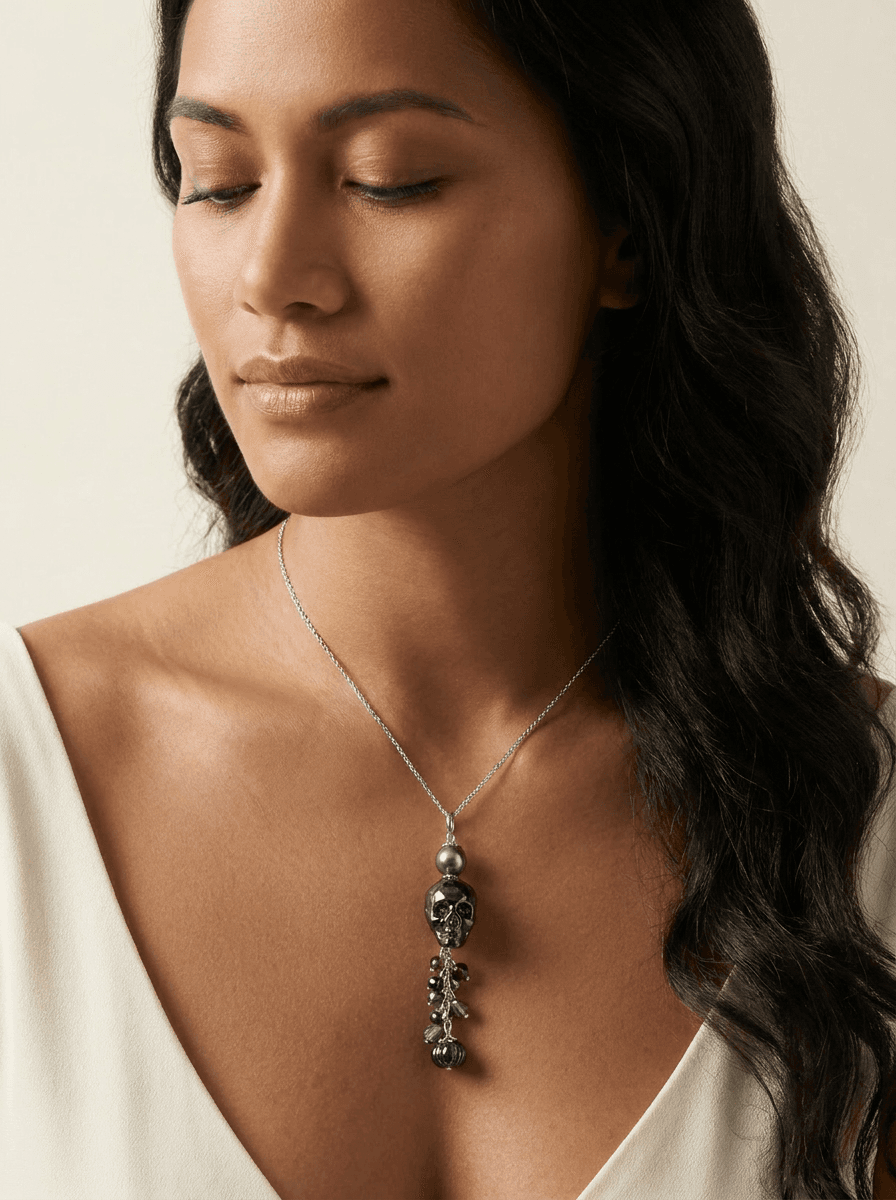 Tahitian Pearl & Skull Silver Necklace — on model