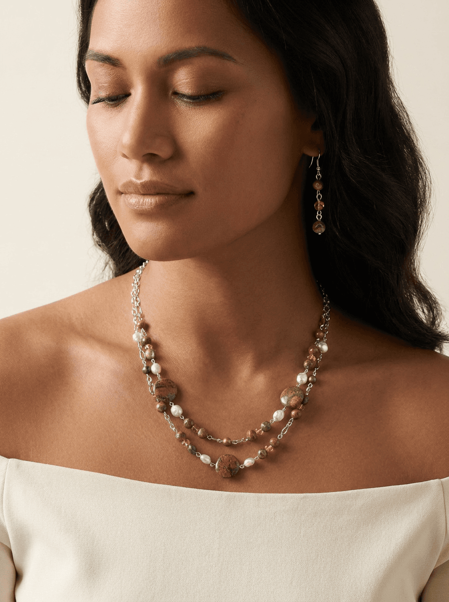 Olive Rhyolite Beads — on model